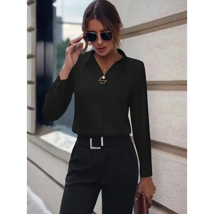 Kadın Uzun Kollu Yakalı Trikoton Gömlek