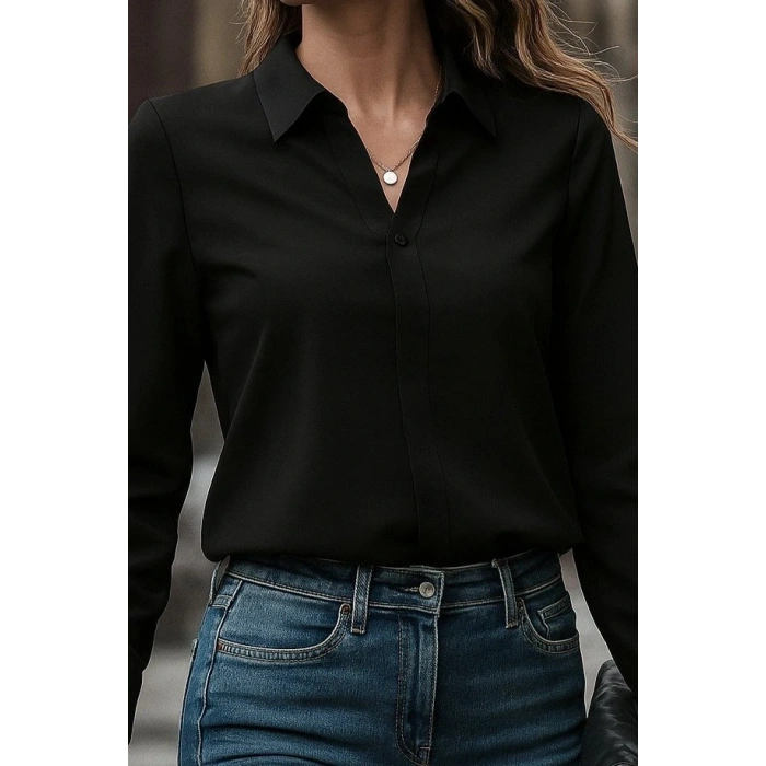 Kadın Uzun Kollu Yakalı Trikoton Gömlek