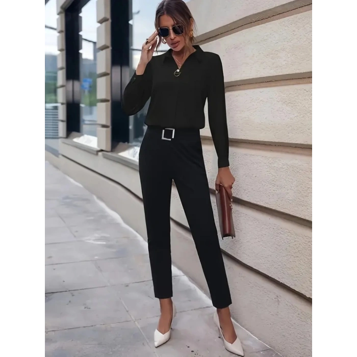 Kadın Uzun Kollu Yakalı Trikoton Gömlek