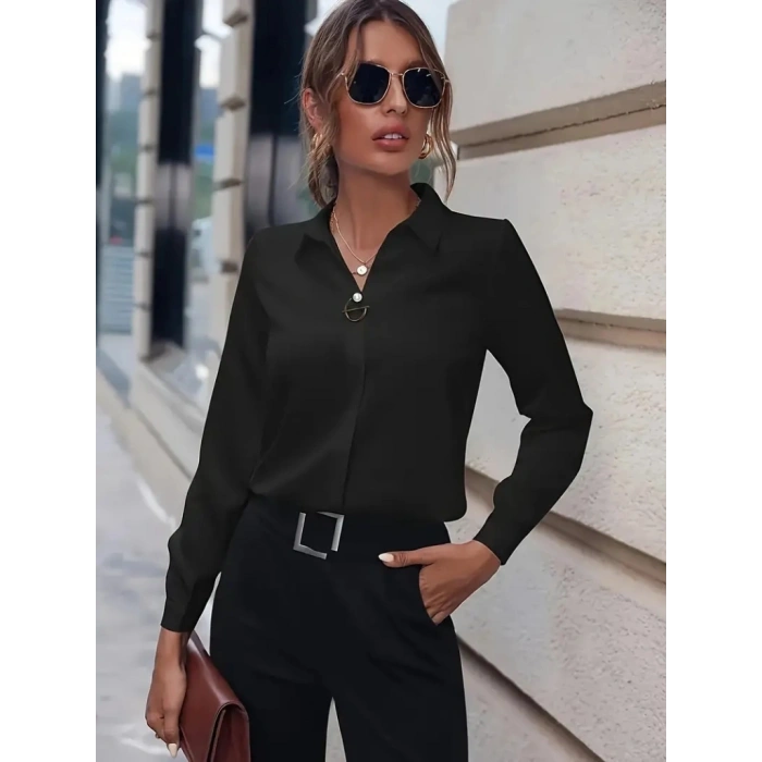 Kadın Uzun Kollu Yakalı Trikoton Gömlek