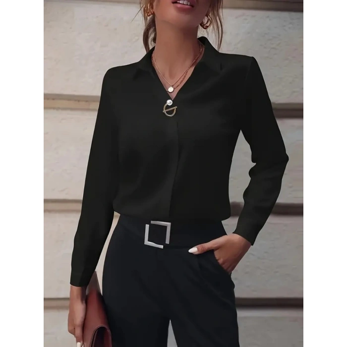 Kadın Uzun Kollu Yakalı Trikoton Gömlek