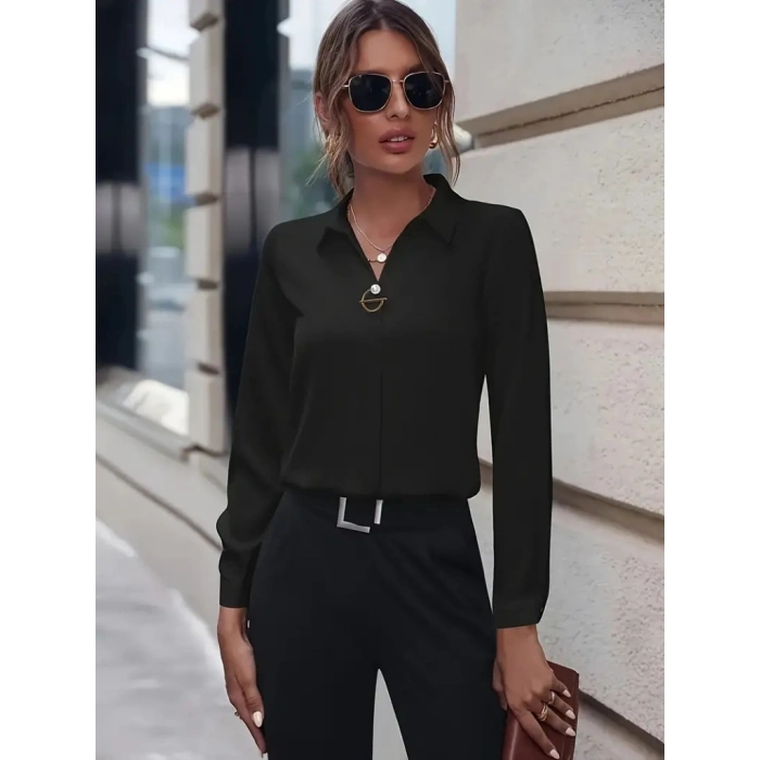 Kadın Uzun Kollu Yakalı Trikoton Gömlek