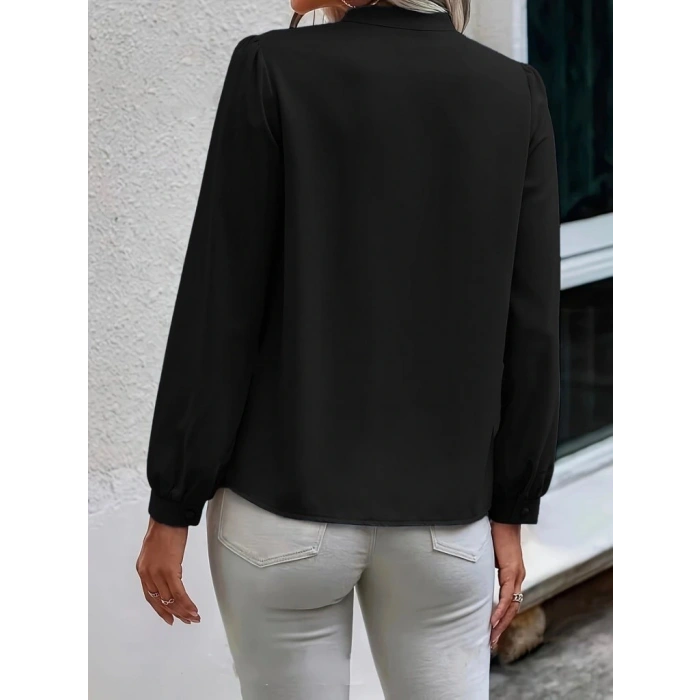 Kadın Uzun Kollu Yakalı Yakadan Bağcıklı Düğmeli Sandy Bluz