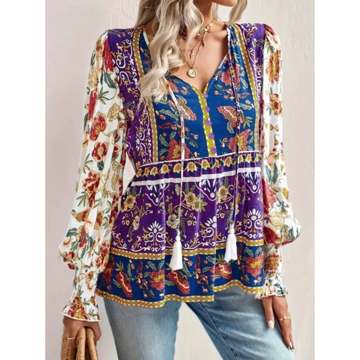 Kadın Uzun Kollu Yakası Açık Bağcıklı çiçek Desenli Salaş Bluz