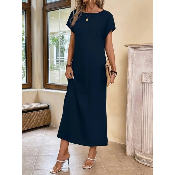 Kadın Uzun Kollu Yakası Açık Viskon Elbise