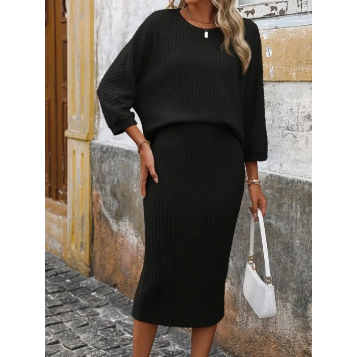 Kadın Uzun Kollu Yakası Açık Yarasa Kollu şardonlu Kaşkorse Bluz Ve Etek Takım