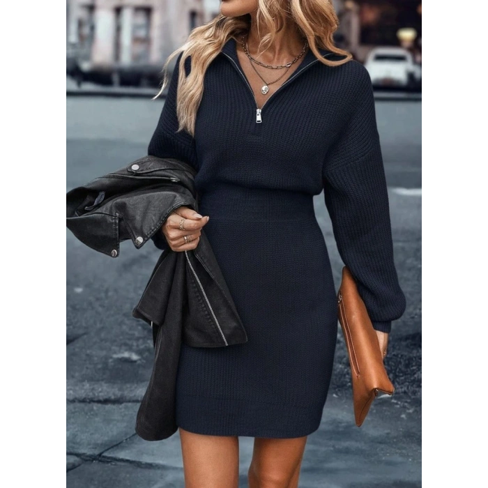 Kadın Uzun Kollu Yakası Fermuarlı Mini Triko Elbise