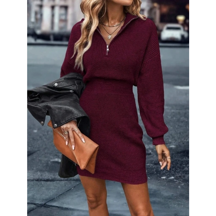 Kadın Uzun Kollu Yakası Fermuarlı Mini Triko Elbise