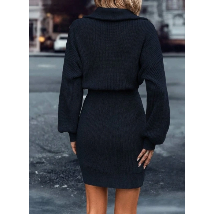 Kadın Uzun Kollu Yakası Fermuarlı Mini Triko Elbise