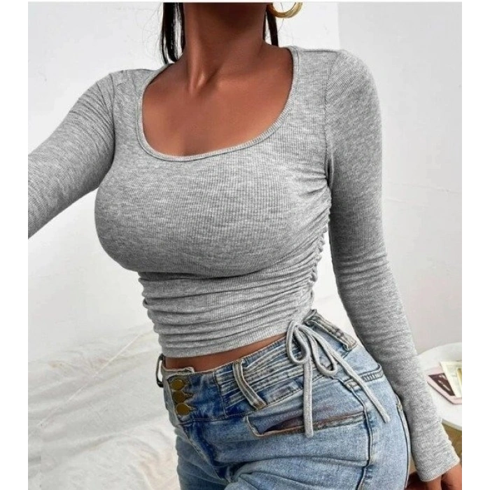 Kadın Uzun Kollu Yanlar Büzgü Detay Kaşkorse Crop