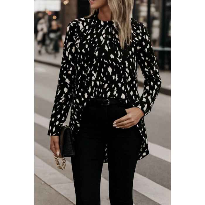 Kadın Uzun Kollu Yarı Balıkçı Yaka Desenli Dokuma Bluz