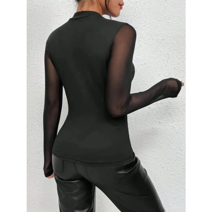 Kadın Uzun Kollu Yarı Balıkçı Yaka Kolları Tüllü Dalgıç Bluz