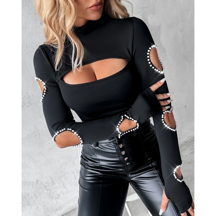 Kadın Uzun Kollu Yarı Balıkçı Yaka Pencere Detaylı Kolları Kalp Desen Taşlı Viskon Bluz