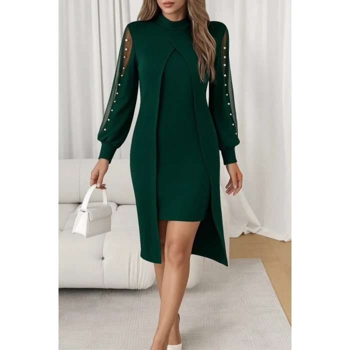 Kadın Uzun Kollu Yarı Balıkçı Yaka Tül Ve Inci Detaylı Kısa Ithal Krep Midi Elbise