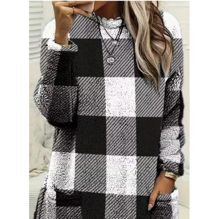 Kadın Uzun Kollu Yarı Balıkçı Yakalı Cep Detaylı Ekoseli Dokuma Tunik