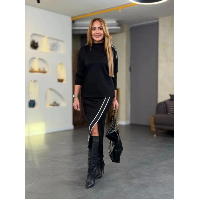 Kadın Uzun Kollu Yüksek Yakalı Yan şerit Detaylı Viskon Iki Iplik Bluz Ve Etek Ikili Takım