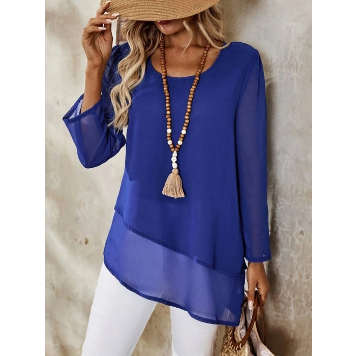 Kadın Uzun Kollu Yuvarlak Asimetrik Detaylı şifon Bluz