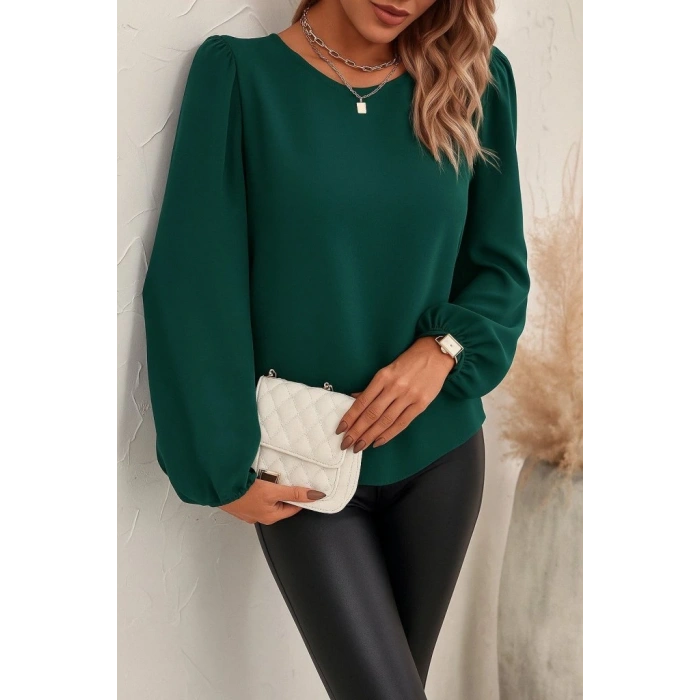Kadın Uzun Kollu Yuvarlak Yaka Arkadan Bağcıklı Salaş Ithal Krep Bluz