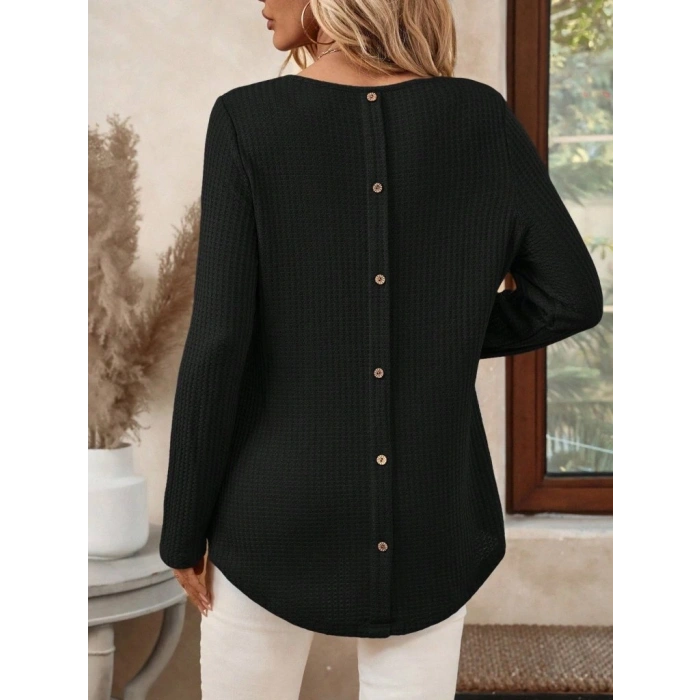 Kadın Uzun Kollu Yuvarlak Yaka Arkadan Düğmeli Waffle Bluz