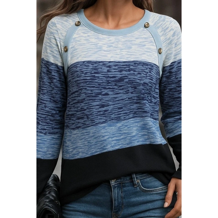 Kadın Uzun Kollu Yuvarlak Yaka Baskılı Düğme Detay Süprem Bluz