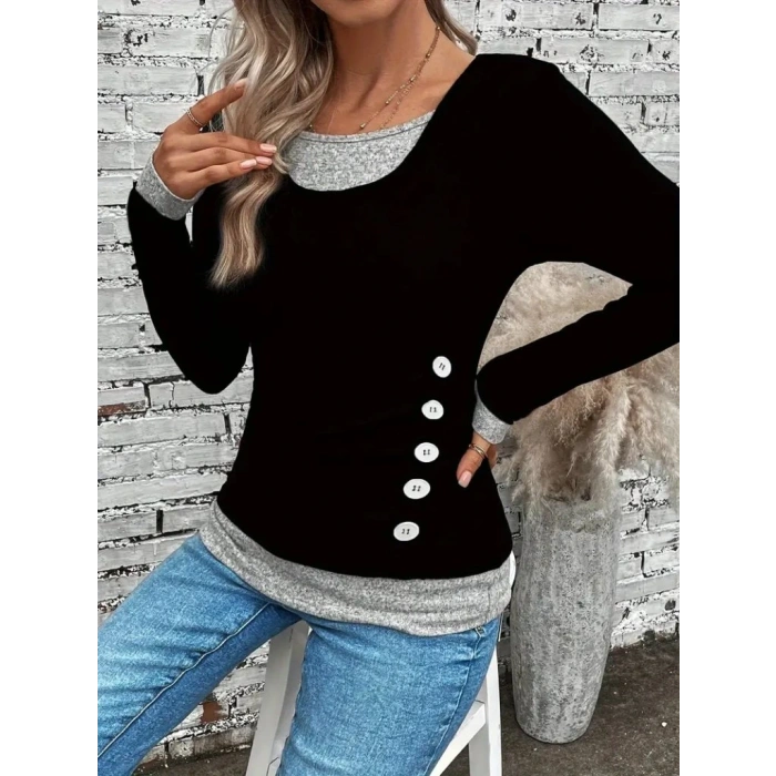 Kadın Uzun Kollu Yuvarlak Yaka Blok Renkli Yandan Düğmeli Viskon Bluz