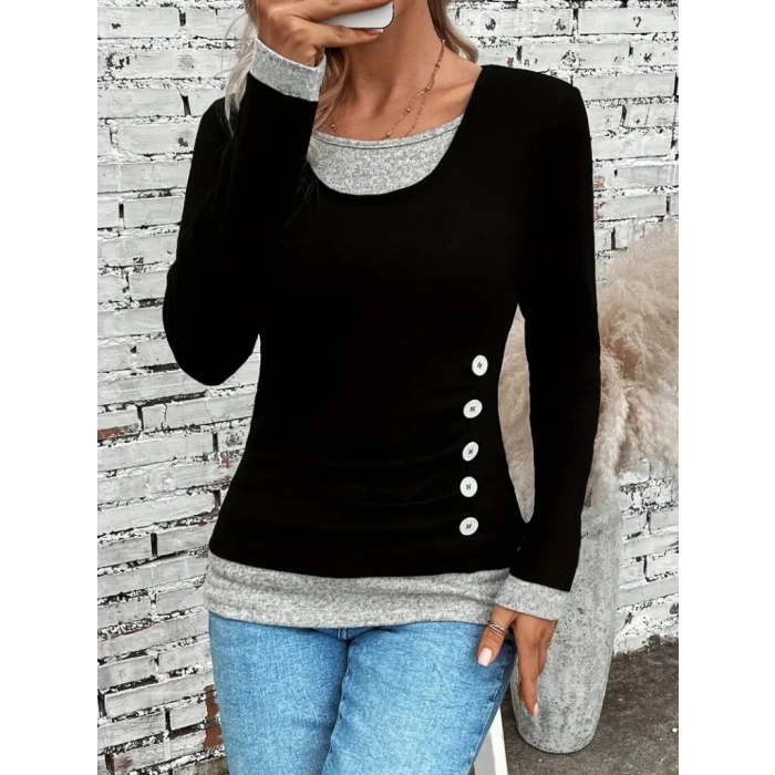 Kadın Uzun Kollu Yuvarlak Yaka Blok Renkli Yandan Düğmeli Viskon Bluz