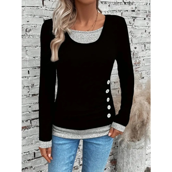 Kadın Uzun Kollu Yuvarlak Yaka Blok Renkli Yandan Düğmeli Viskon Bluz