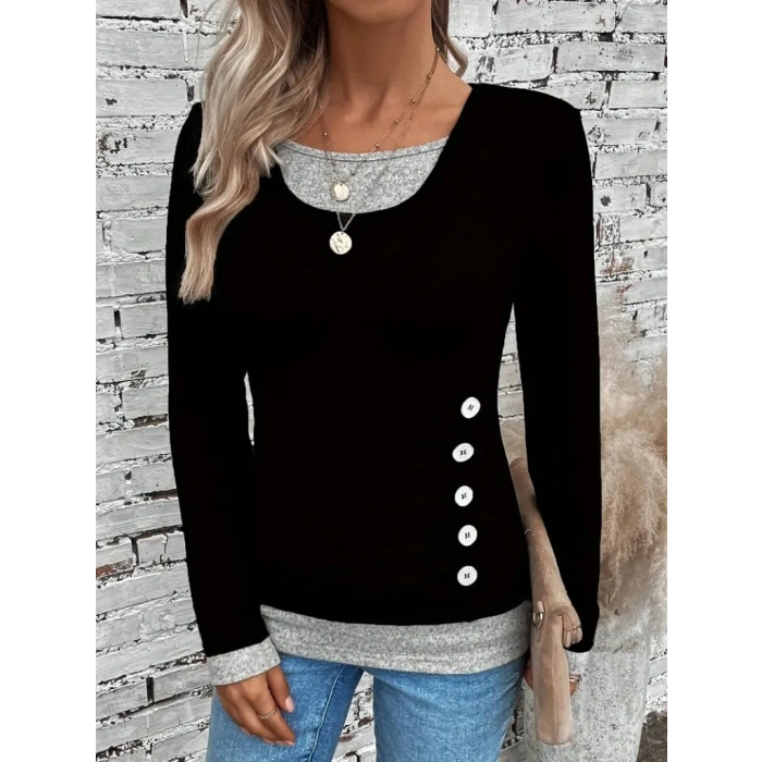 Kadın Uzun Kollu Yuvarlak Yaka Blok Renkli Yandan Düğmeli Viskon Bluz