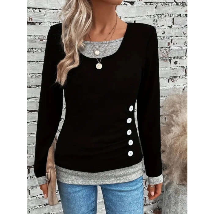 Kadın Uzun Kollu Yuvarlak Yaka Blok Renkli Yandan Düğmeli Viskon Bluz