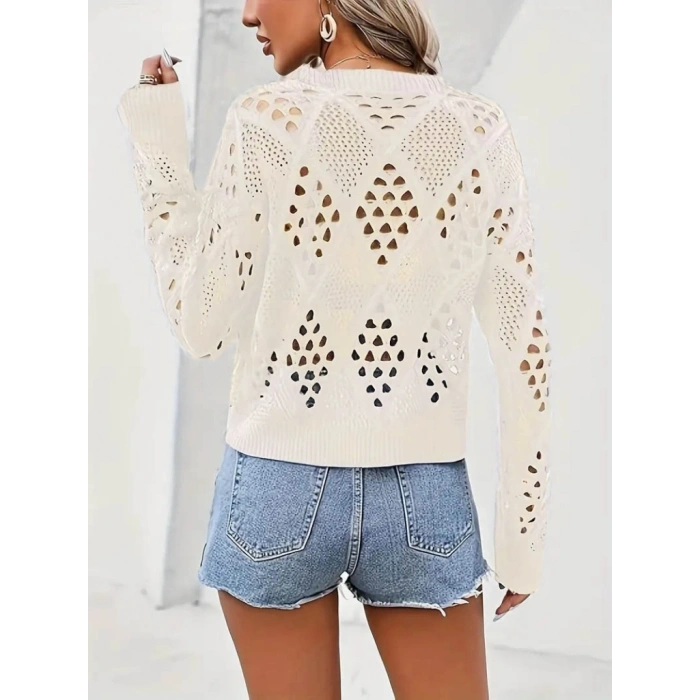 Kadın Uzun Kollu Yuvarlak Yaka Delik Desenli Triko Bluz