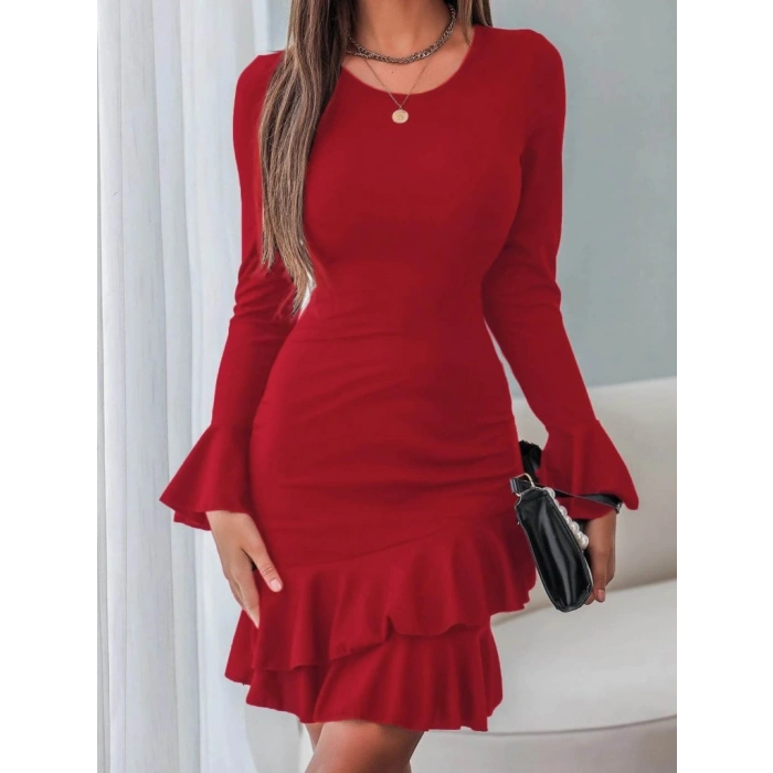 Kadın Uzun Kollu Yuvarlak Yaka Etek Ucu Fırfırlı Janjan Krep Elbise