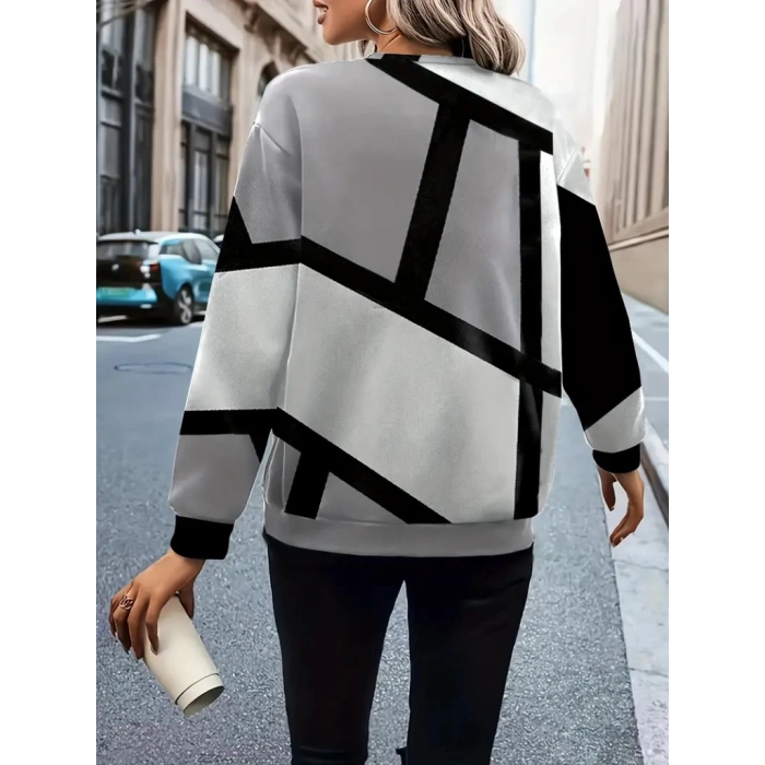 Kadın Uzun Kollu Yuvarlak Yaka Fermuarlı Desenli şardonlu Bluz