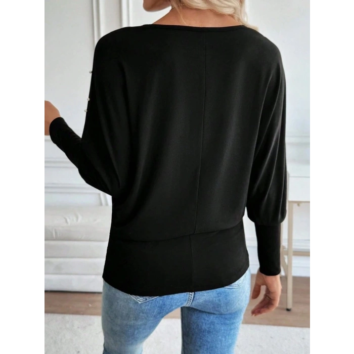 Kadın Uzun Kollu Yuvarlak Yaka Incili Viskon Bluz
