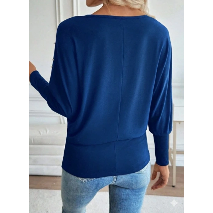 Kadın Uzun Kollu Yuvarlak Yaka Incili Viskon Bluz