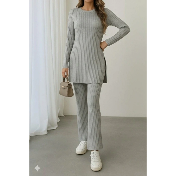 Kadın Uzun Kollu Yuvarlak Yaka Yandan Yırtmaç Detaylı şardonlu Kaşkorse Bluz Ve Pantolon Ikili Takım