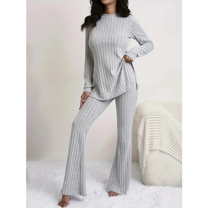 Kadın Uzun Kollu Yuvarlak Yaka Yandan Yırtmaç Detaylı şardonlu Kaşkorse Bluz Ve Pantolon Ikili Takım