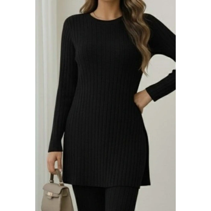 Kadın Uzun Kollu Yuvarlak Yaka Yandan Yırtmaç Detaylı şardonlu Kaşkorse Bluz Ve Pantolon Ikili Takım