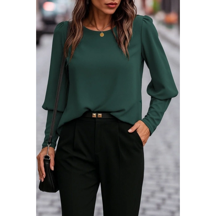 Kadın Uzun Kollu Yuvarlak Yakalı Düğmeli Ithal Krep Bluz