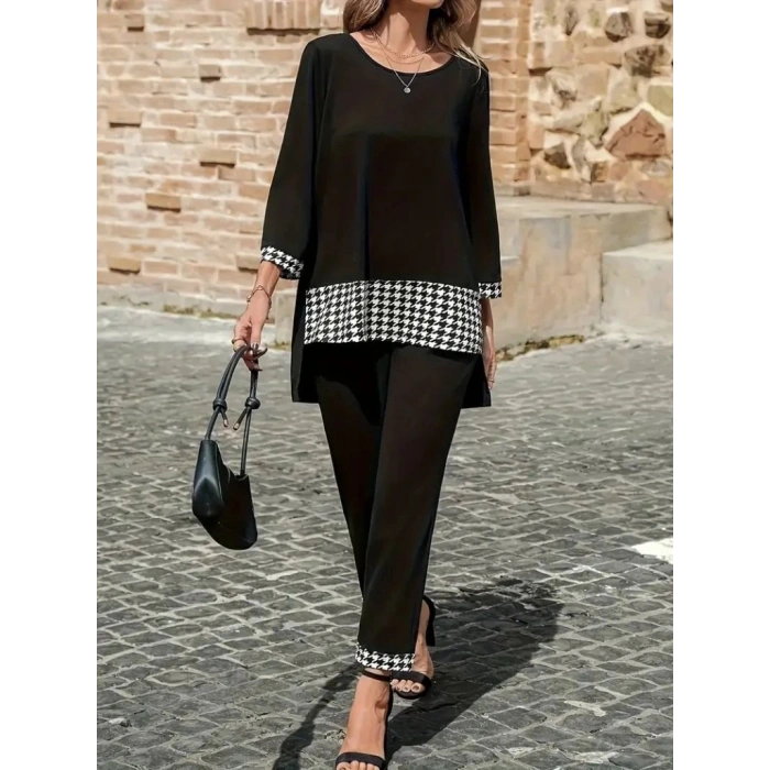 Kadın Uzun Kollu Yuvarlak Yakalı Kaz Ayağı Detaylı Viskon Iki Iplik Bluz Ve Pantolon Ikili Takım