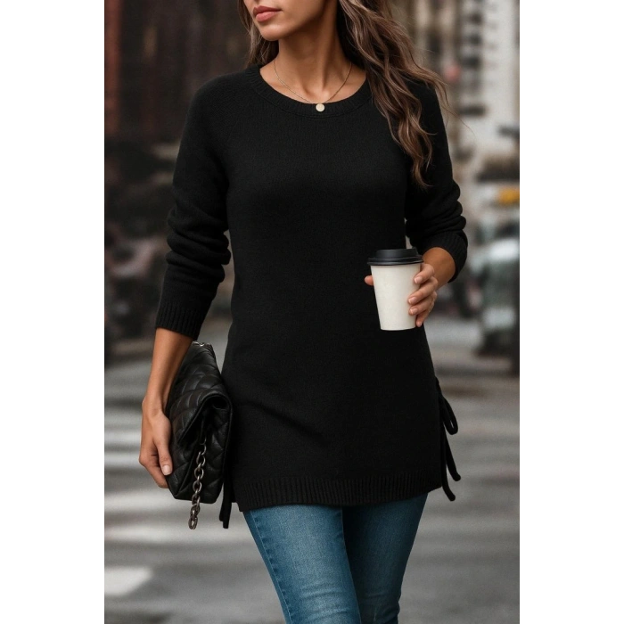 Kadın Uzun Kollu Yuvarlak Yakalı Yanlardan Bağcıklı Triko Bluz
