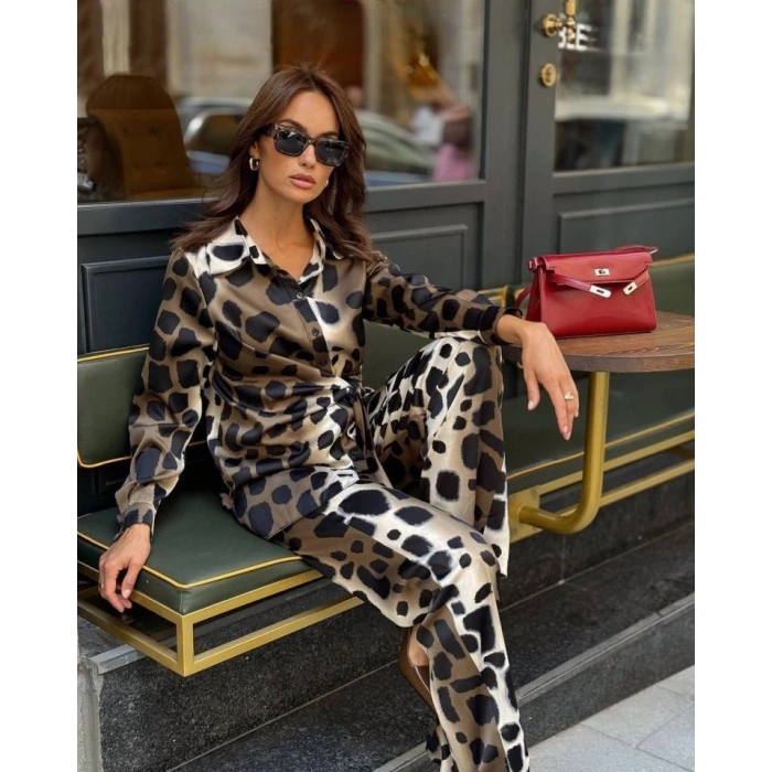 Kadın Uzun Kolluleopar Baskılı Saten Kumaş Ikili Takım