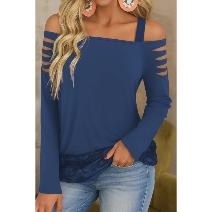 Kadın Uzun Lazer Kesik Detaylı Askılı Viskon Iki Iplik Bluz