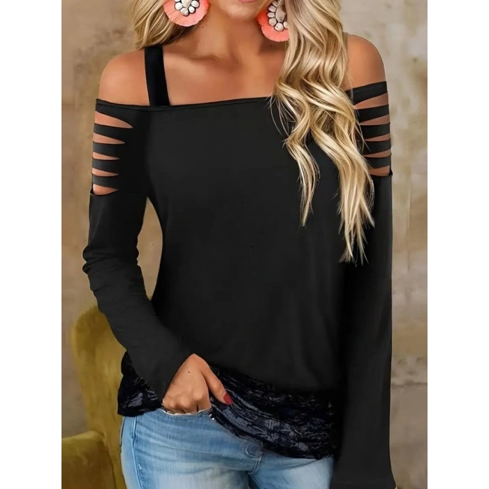 Kadın Uzun Lazer Kesik Detaylı Askılı Viskon Iki Iplik Bluz