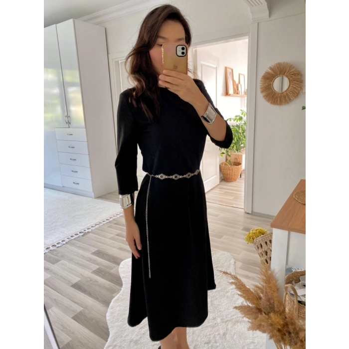 Kadın Uzun Truvakar Kol Bisiklet Yaka Midi Modal Elbise