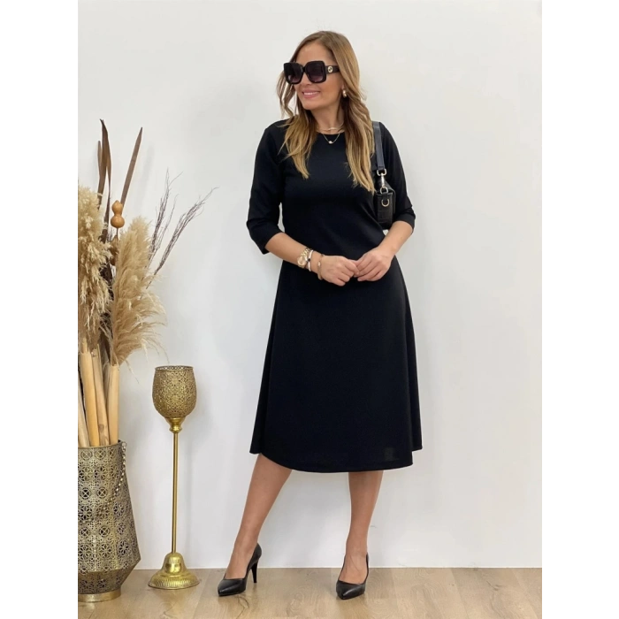 Kadın Uzun Truvakar Kol Bisiklet Yaka Midi Modal Elbise