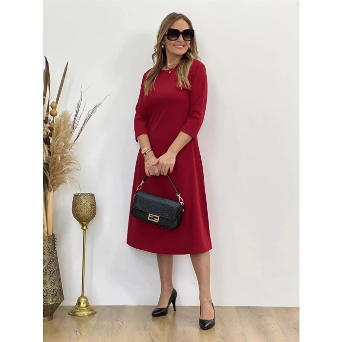 Kadın Uzun Truvakar Kol Bisiklet Yaka Midi Modal Elbise