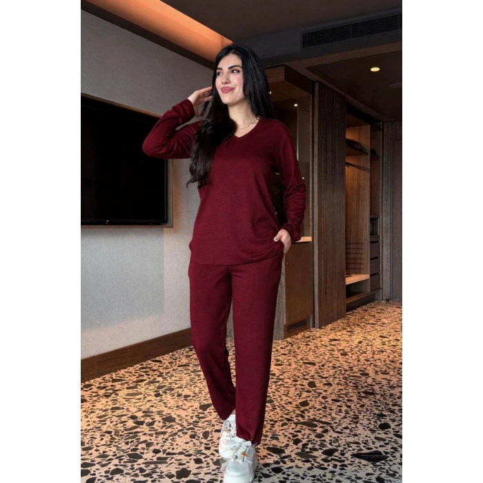 Kadın V Yaka Bluz Ve Pantolon Ikili Takım