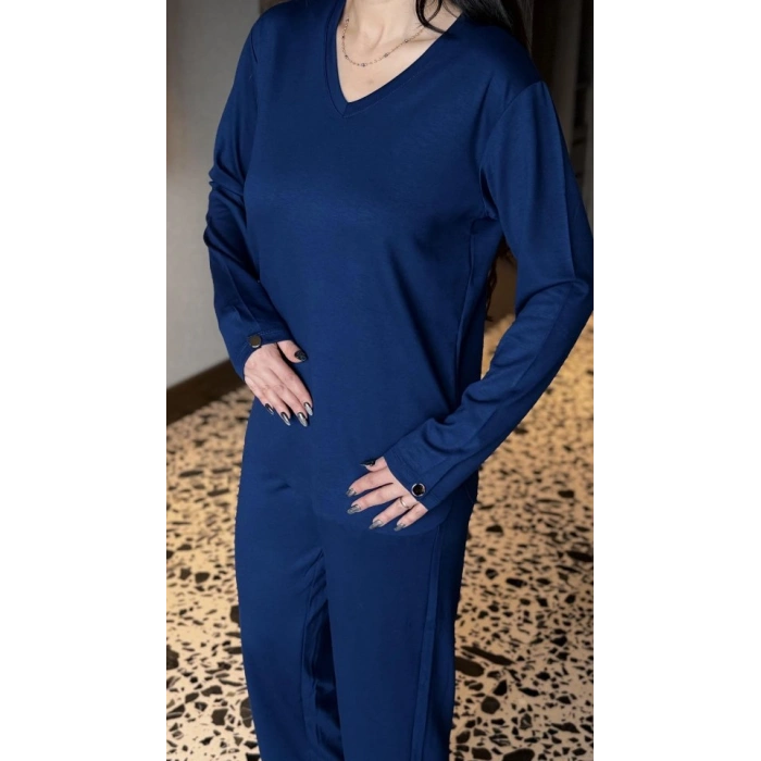 Kadın V Yaka Bluz Ve Pantolon Ikili Takım