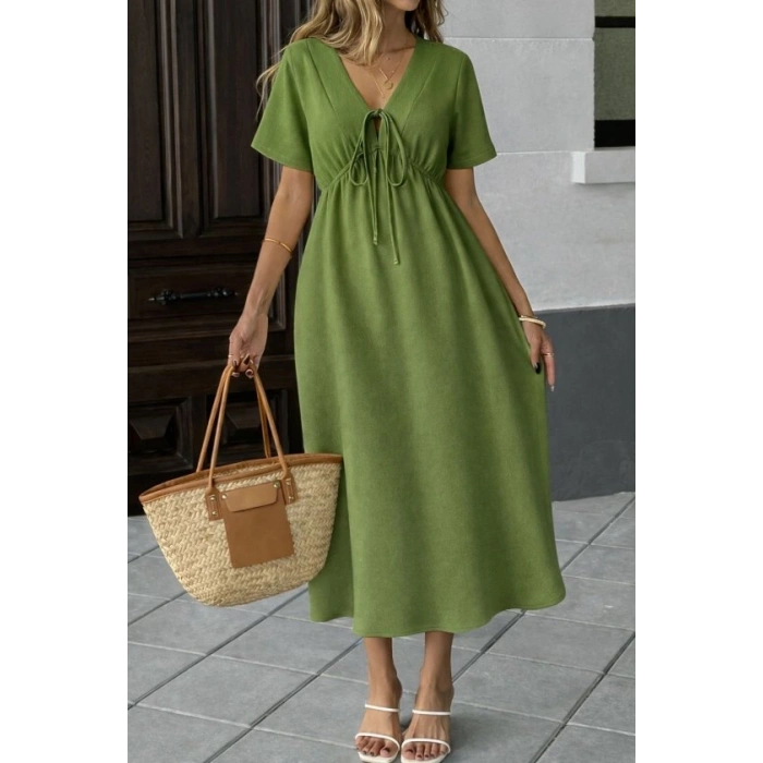 Kadın V Yaka Büzgülü Ip Detay Aerobin Kumaş Elbise