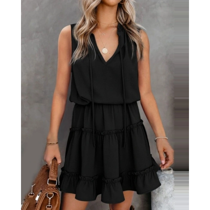 Kadın V Yaka Eteği Volanlı Ipek Ayrobin Kumaş Elbise